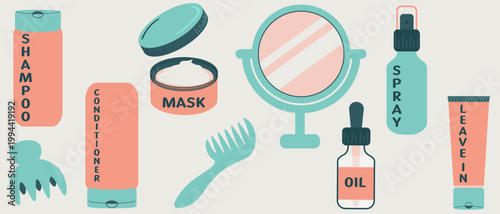 Essential hair care products set. Flat vector collection of cosmetics and accessories in a modern minimalist style, perfect for beauty branding, self-care blogs, and beauty marketing.