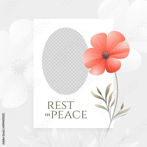 rest in peace funeral sympathy card with red flower and oval picture frame