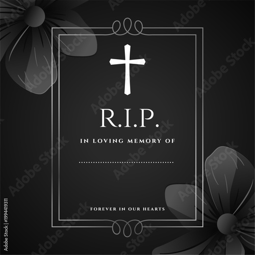rest in peace funeral announcement dark template with cross and black flowers