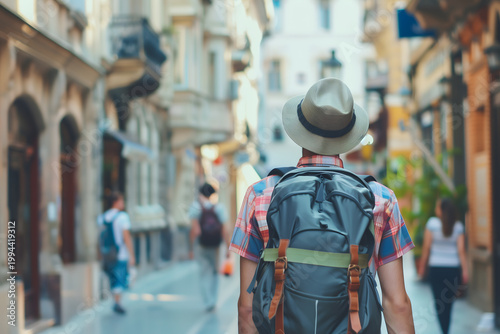 A man with a large backpack and a straw hat walks down a blurred old town street, exploring urban architecture and local culture during a summer vacation journey through famous European destinations.