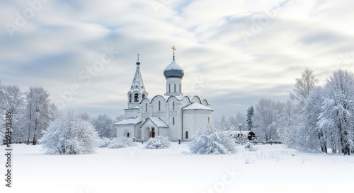 Serene winter scene featuring a traditional russian orthodox church with snow-covered surroundings isolated on white background