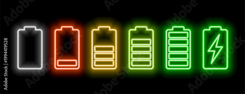 set of glowing battery charging level indicator in different colors