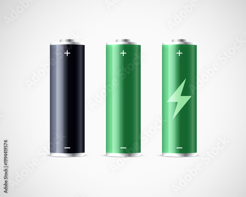 set of three realistic alkaline batteries cell with fast charging symbol