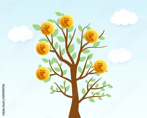 indian rupee coins money tree on sky blue background