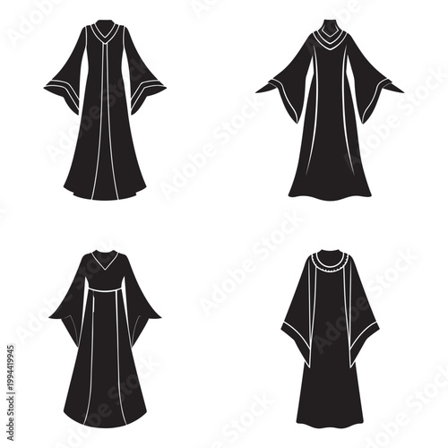 Four black silhouette dresses with white outlines on a white background for fashion design or cultural representation