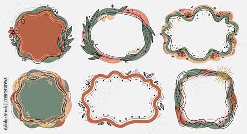 Collection of six decorative blank frames with rough freehand lines and floral motifs in earthy tones on a white background