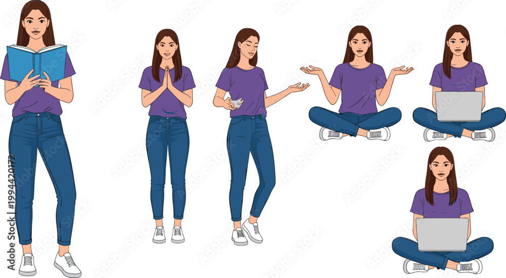 Obraz premium Young Woman Daily Activity Illustration Set with Reading Book, Thinking, Working on Laptop, Sitting Poses, and Casual Lifestyle Female Character for Education, Work, and Social Design Projects.