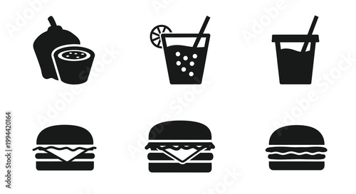 Black and white food and drink icons in a flat style silhouette