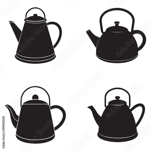 Four black silhouette kettle icons in different shapes and sizes on white background for graphic design and illustration purposes  kitchen utensils