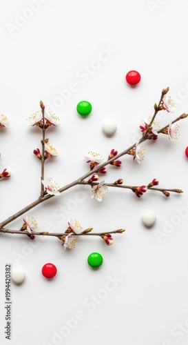 Cherry blossoms adorned with vibrant floating spheres against a neutral backdrop isolated on white background