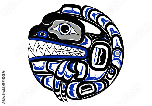 Complex traditional formlines in deep black and vibrant blue interlock to define a powerful, toothy Pacific Northwest indigenous creature with an intense eye within a circular field