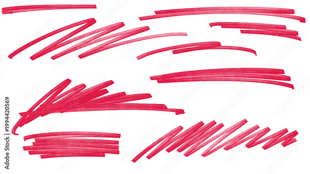Fototapeta premium Collection of red marker swirls and artistic hand drawn doodles. Creative messy ink strokes for street art aesthetics urban lifestyle themes and energetic graphic design decorations.