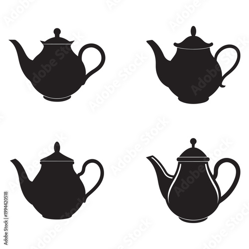 Four black silhouette teapot icons in different styles and angles on white background  tea infuser and kettle designs