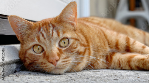 dramatic image of resting orange tabby cat looking into camera outside.
