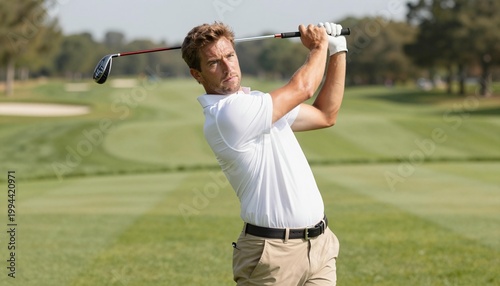 Male golfer in a white polo finishing a swing on a sunny fairway