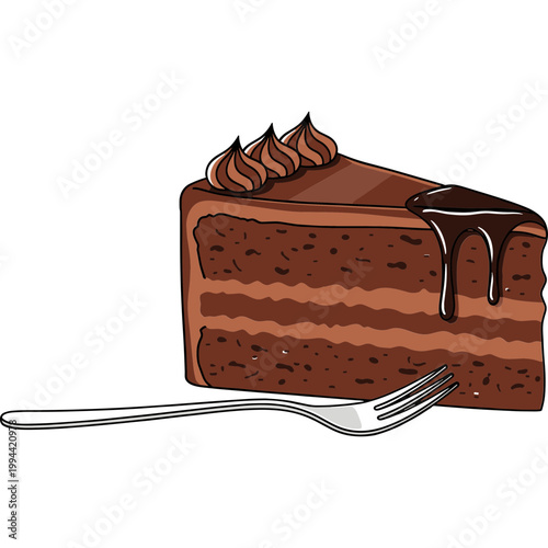 A slice of chocolate cake with icing and a fork ready to eat dessert