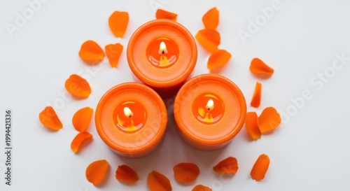 Three smiling jack-o'-lanterns carved from pumpkins with intricate faces on a tiled surface isolated on white background