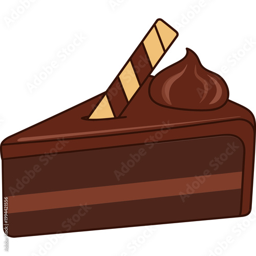 A delicious slice of chocolate cake with a wafer and frosting on top