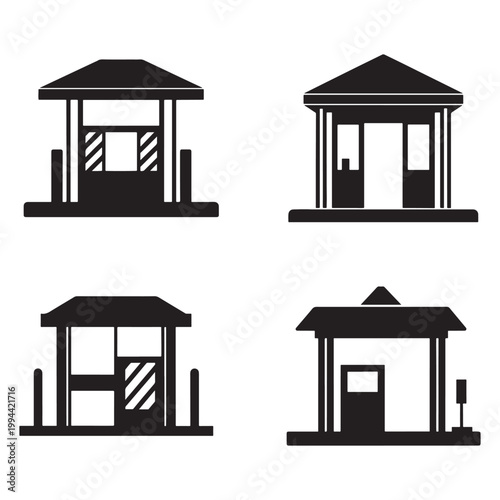 Four black silhouettes of small buildings with roofs and columns on white background  simple iconic designs