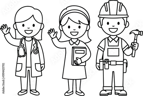 Diverse Professions Cartoon Doctor, Teacher, and Construction Worker Waving