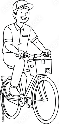Delivery man riding a bicycle with a basket on the front, delivering items with a smile