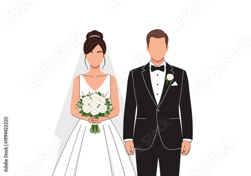 A smiling bride and groom stand together at their wedding ceremony indoors.