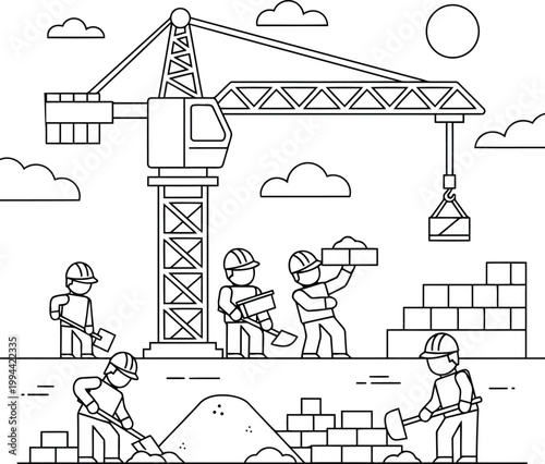 Construction site with workers building a new structure with crane and bricks