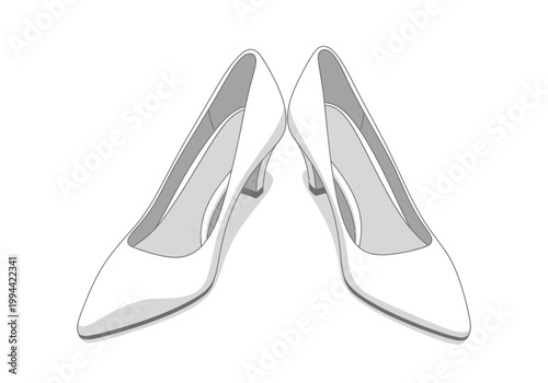 A pair of white high-heeled shoes are placed side by side on a flat surface indoors.