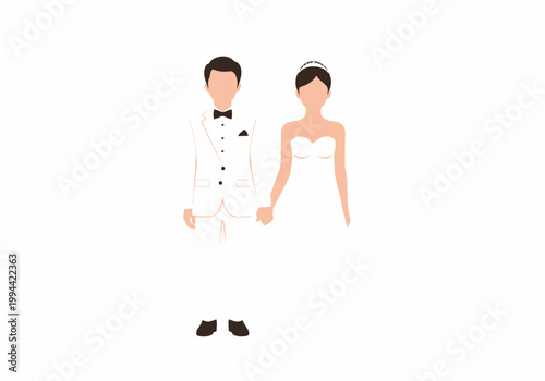 A wedding couple, bride and groom in formal attire, stand together holding hands.