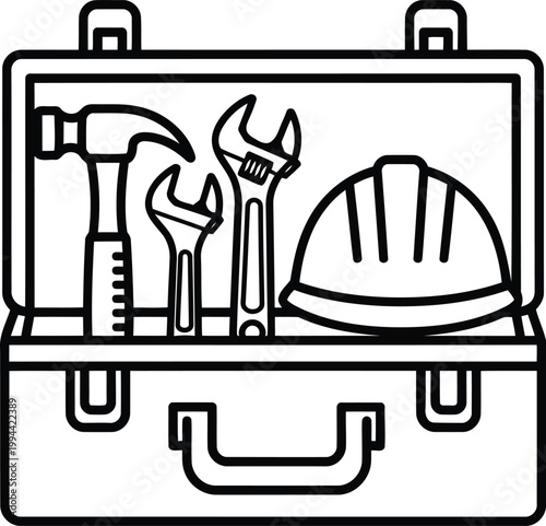 Toolbox with hammer, wrenches, and hard hat for construction and DIY projects