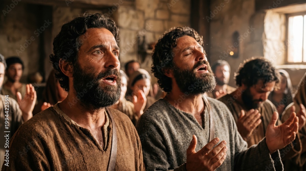 Fototapeta premium Peter and John praying with believers after release. Apostles and disciples gathered in room praising God. Biblical scene representing faith, courage, unity and early church life.