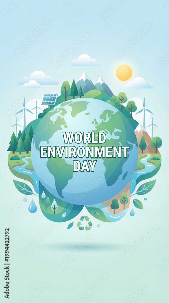 Naklejka premium World Environment Day Illustration Template Featuring Sustainable Planet with Renewable Energy, Nature and Recycling, Eco Awareness Poster Header Background, Vertical bg