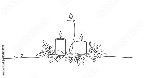 Three Candles With Green Leaves Decoration.