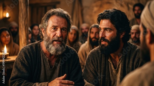 Apostle Peter and John speaking to early Christian believers. Biblical scene of disciples sharing testimony after trial. Historical narrative of Acts chapter four with religious gathering.