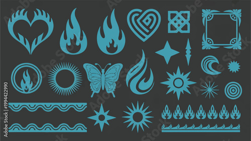 A daytime photograph of various blue flame and fire symbols on a dark background with geometric shapes and designs