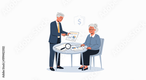 An older man in a suit presents financial documents to a seated older woman at a table with a magnifying glass and coins, on a clean white background.