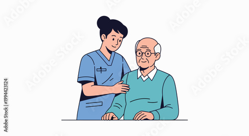 A healthcare worker in blue scrubs supporting an elderly man with a gentle hand on his shoulder against a clean white background with a calm mood.