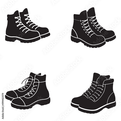 Four pairs of black boots with white laces and soles on white background  various footwear styles  hiking boots  work boots  fashion accessories