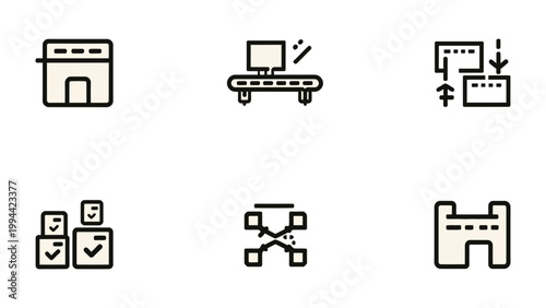 Factory Process Icon Set: A comprehensive collection of modern, minimalist icons depicting various stages of a factory process, from raw materials to finished product, suitable for industrial design.