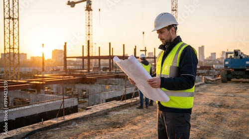 Male engineer in hard hat and safety vest reviewing blueprints on construction site.