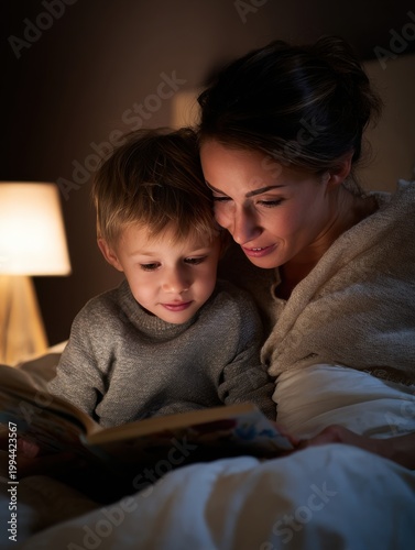 A mother reading a picture book to her young child before bedtime