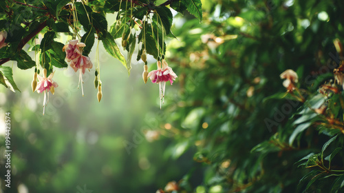 Peaceful Morning Light in a Summer Garden with Greenery Close-up of Green Leaves and Hanging Flowers in Soft Sunlight Sustainable Green Environment and Natural Lighting Concept