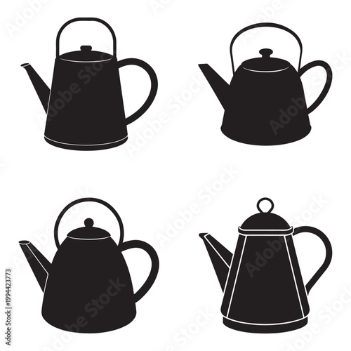 Set of black silhouettes of different tea kettles with handles and lids on white background for design and illustration
