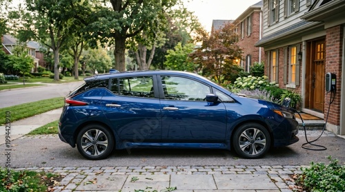 An electric car is charging on a residential driveway at home, plugged into a wall-mounted charger on the side of a house.