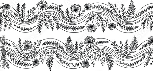 Seamless floral decorative border illustration with flowing lines and organic botanical elements, ideal for elegant design accents