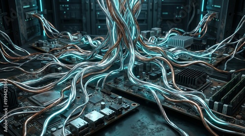 Biomimetic server network with glowing silver and copper roots weaving across black circuit boards for data transmission