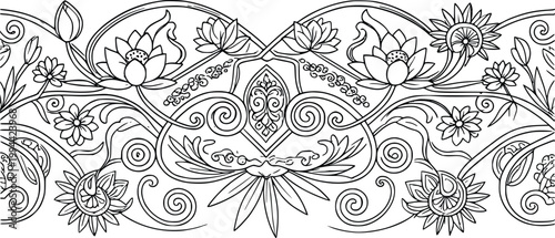 Intricate floral border design with lotus flowers and swirling vines, classic ornamental illustration graphic