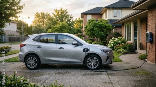 An electric car is charging on a residential driveway at home, plugged into a wall-mounted charger on the side of a house.