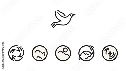Eco-Friendly World: A collection of simple, elegant icons representing environmental sustainability, featuring a soaring bird above symbols of nature's elements and circular recycling concept.
