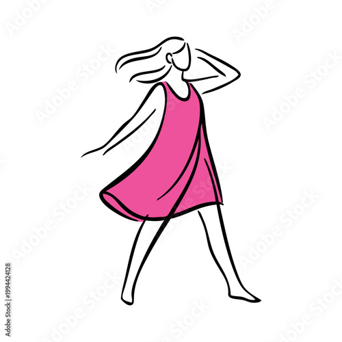 Logotipo de boutique de moda femenina. Dibujo minimalista con líneas de una chica andando con un vestido de color rosa 